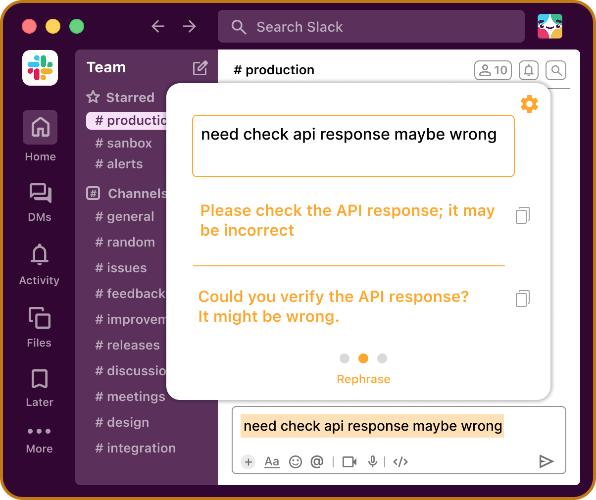 Rewrite suggestions shown in Slack