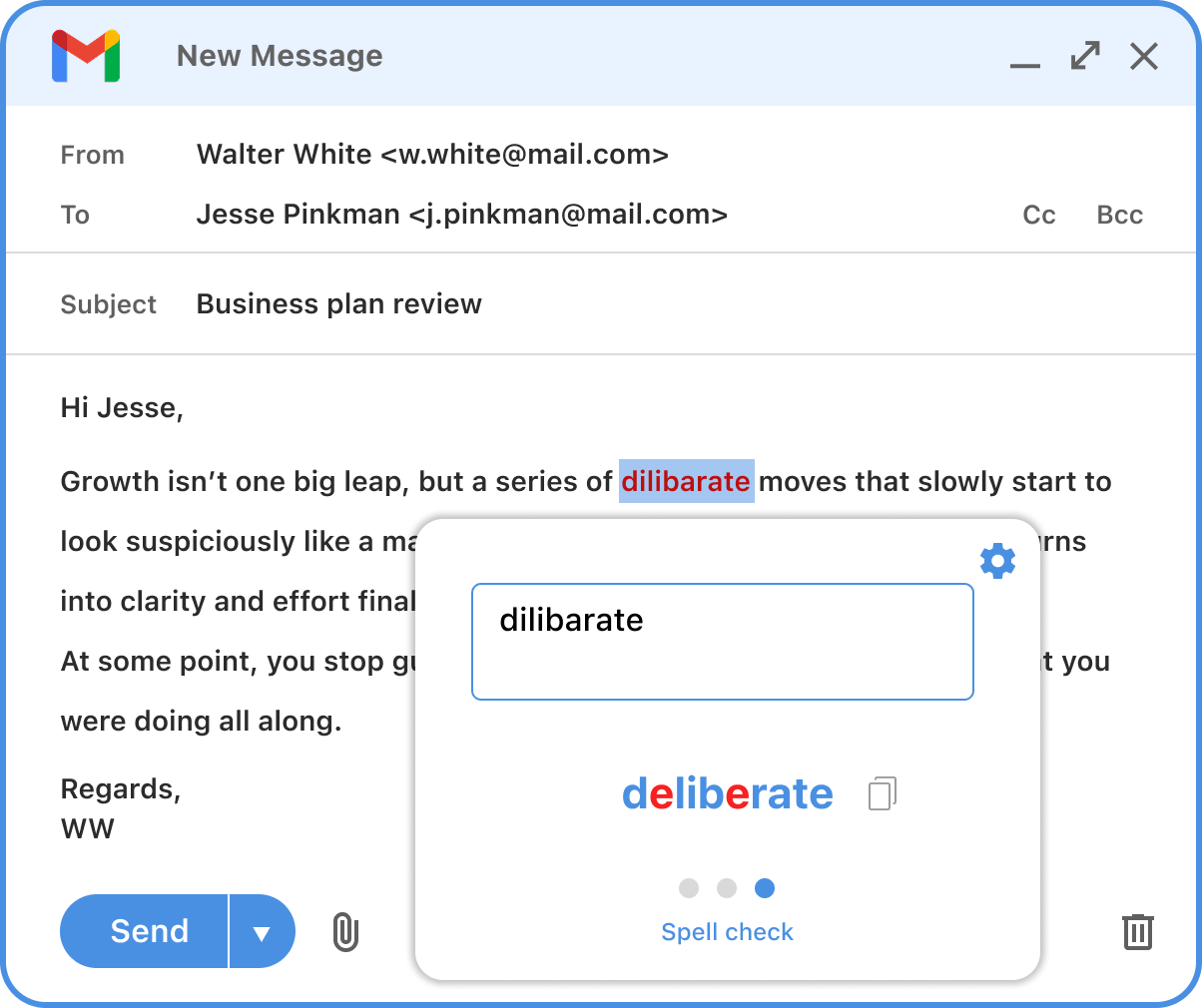 Spell check popup shown over an email draft