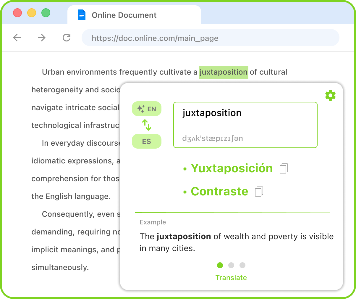 Instant translation popup shown over a browser window